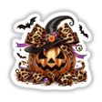 Festive Halloween pumpkin decorated with leopard print bow, bats, and glittery accents, placed on a white background.