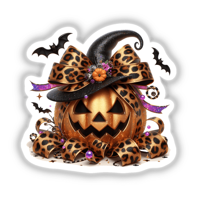 Festive Halloween pumpkin decorated with leopard print bow, bats, and glittery accents, placed on a white background.