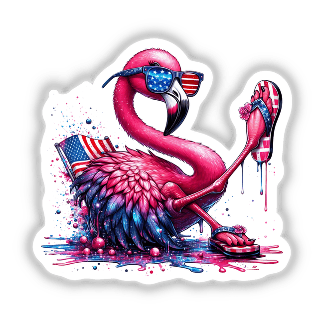 American Flamingo Dripping in Glitter: A whimsical illustration of a pink flamingo adorned with sunglasses and flip flops, available as stickers or digital artwork from Decal Venue.