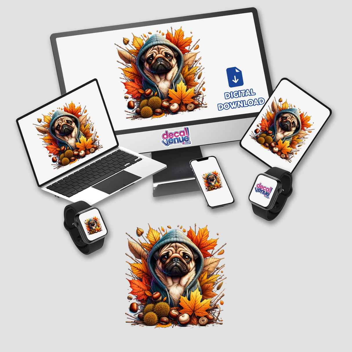 Autumn Pug Dog in Cozy Sweater displayed on various devices, including a laptop and tablet, highlighting its availability as stickers or digital artwork.