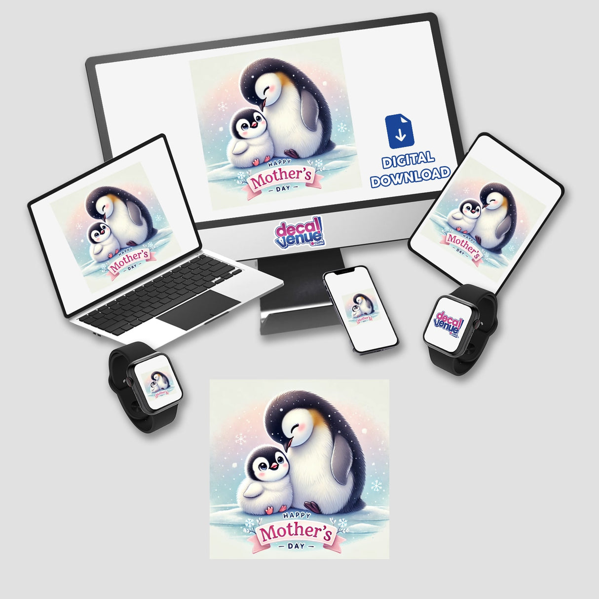 Mother Penguin With Chick For Mothers Day depicted as charming stickers or digital art, showcasing the tender bond between a mother penguin and her chick, ideal for heartfelt gifting.