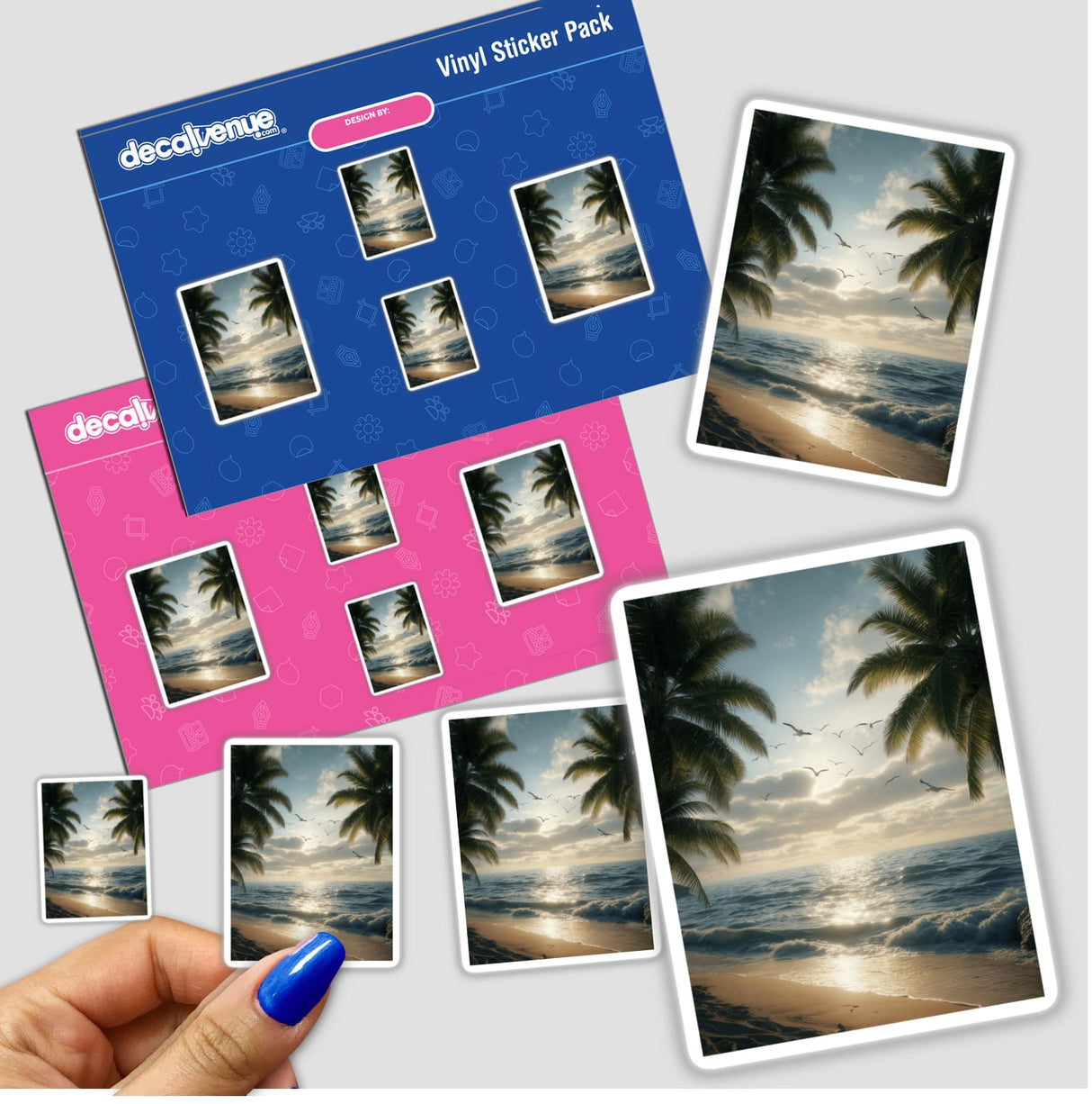 Tropical Sunset Seagulls Over Ocean Waves sticker pack held in hand, featuring palm trees and birds, perfect for unique vinyl decal collections from Decal Venue.