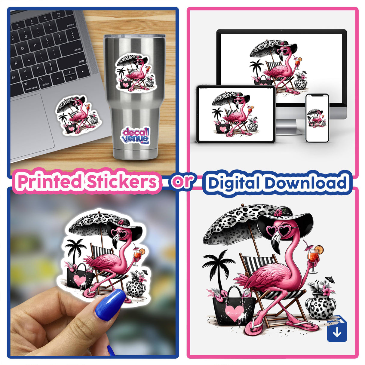 Sassy Flamingo Sitting Under Black Leopard Beach Umbrella, depicted in a vibrant collage, featuring the flamingo relaxing with a drink, available as stickers or digital artwork from Decal Venue.