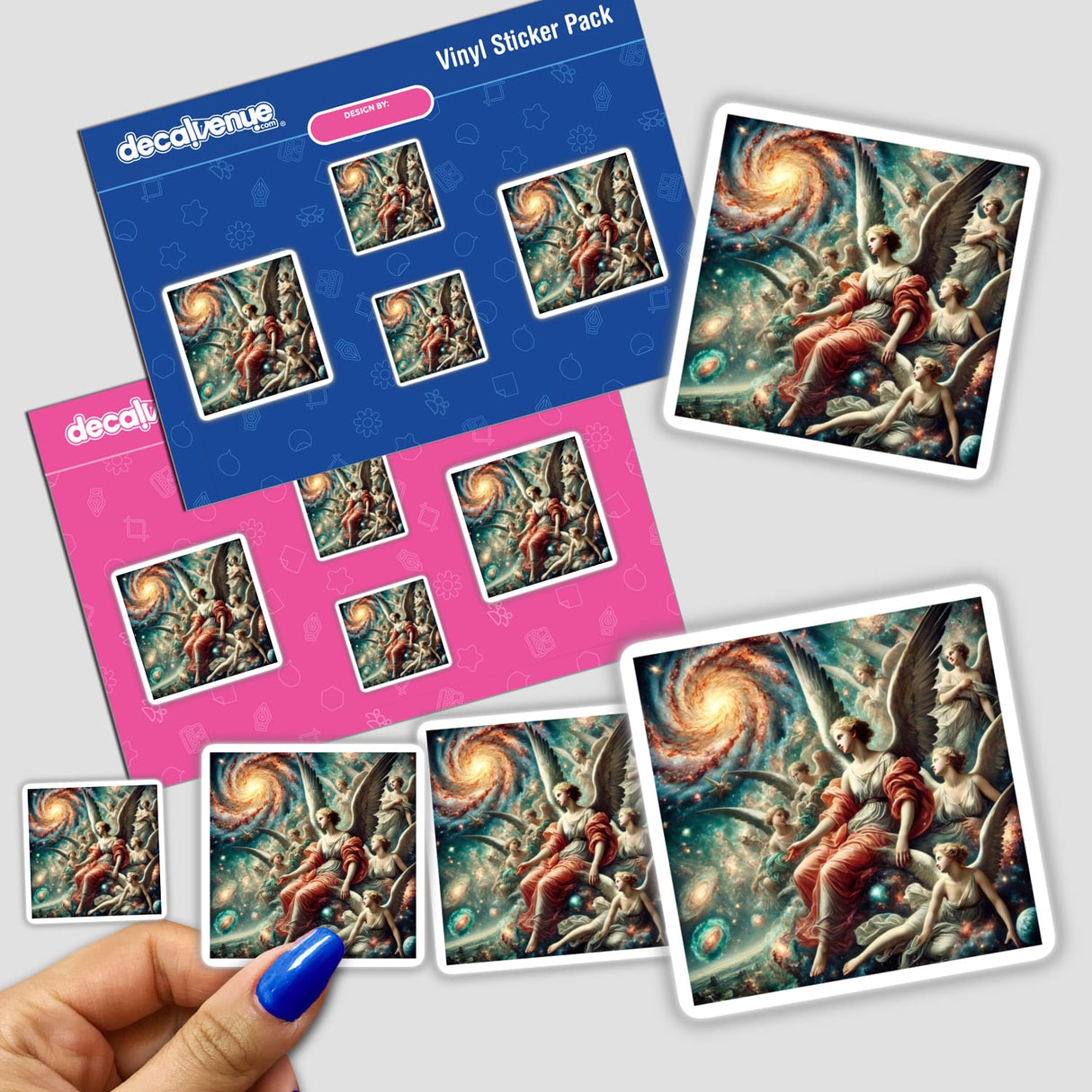 Hand holding Celestial Baroque - Angels with Cosmic Backdrops stickers featuring angels, stars, and cosmic elements.