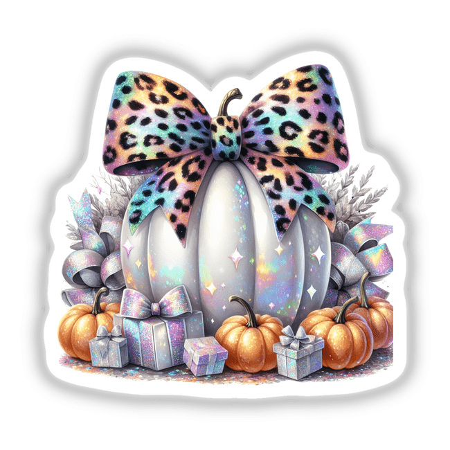 Colorful leopard print bow decorative pumpkins with presents and fall decor
