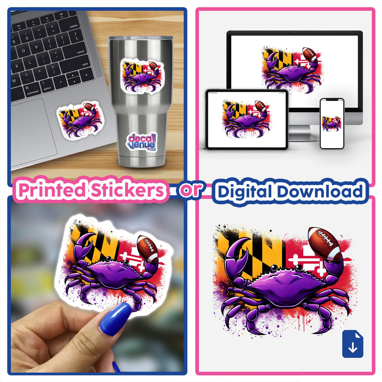 Purple Crab Maryland Flag Splatter Football: A collage showcasing stickers and digital artwork featuring a purple crab holding a football, available for laptops and other surfaces.