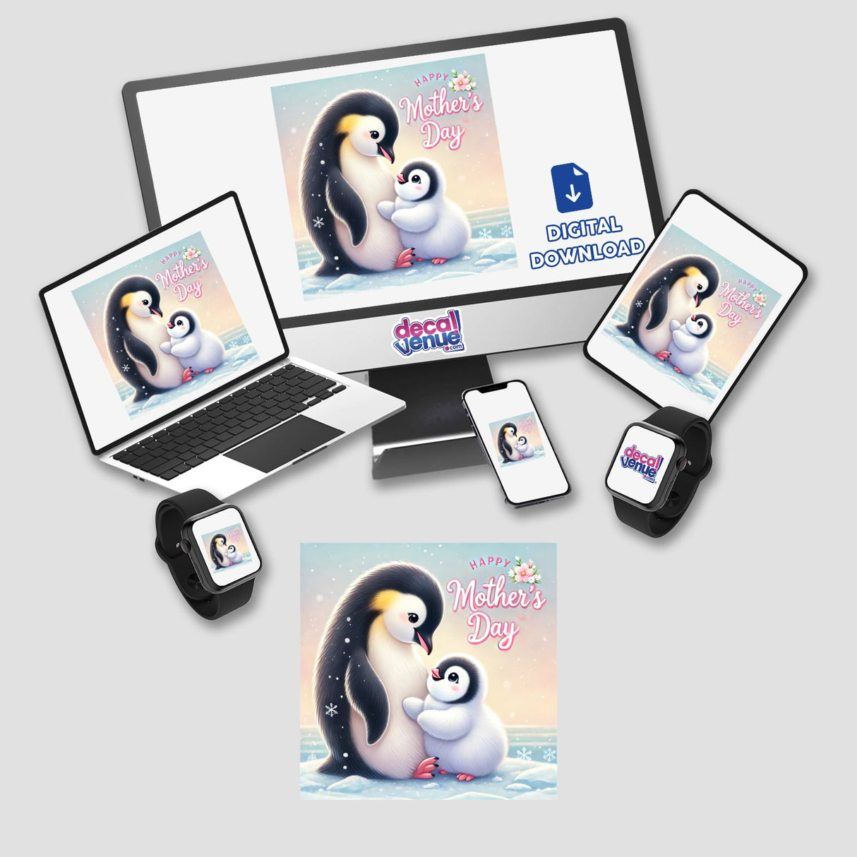 Mother penguin with her child in Happy Mother's Day, depicted on a laptop screen with penguins, available as stickers or digital artwork from Decal Venue.