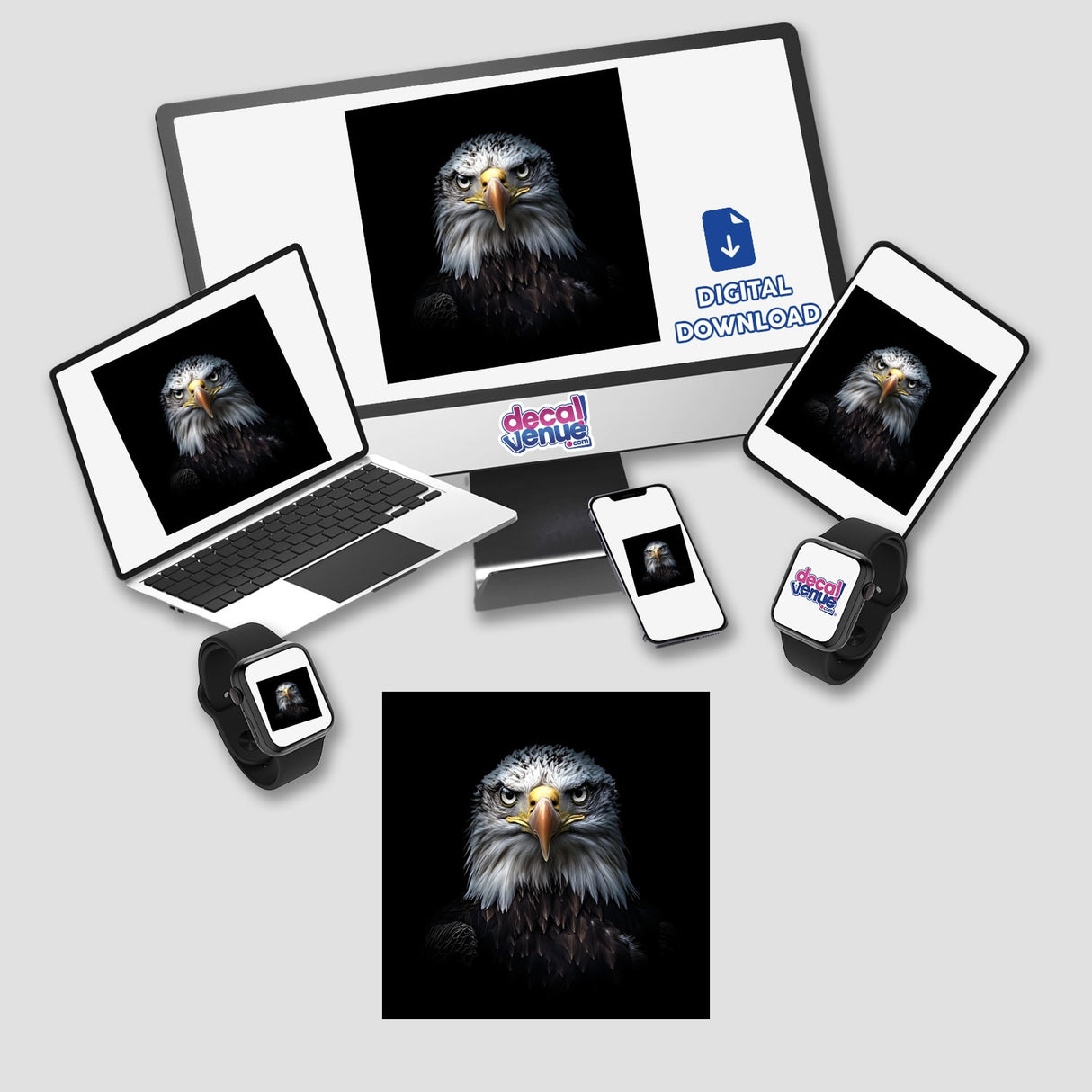 Cinematic Bald Eagle Portrait on Black Background displayed on a laptop, tablet, and phone, available as stickers or digital artwork from Decal Venue.