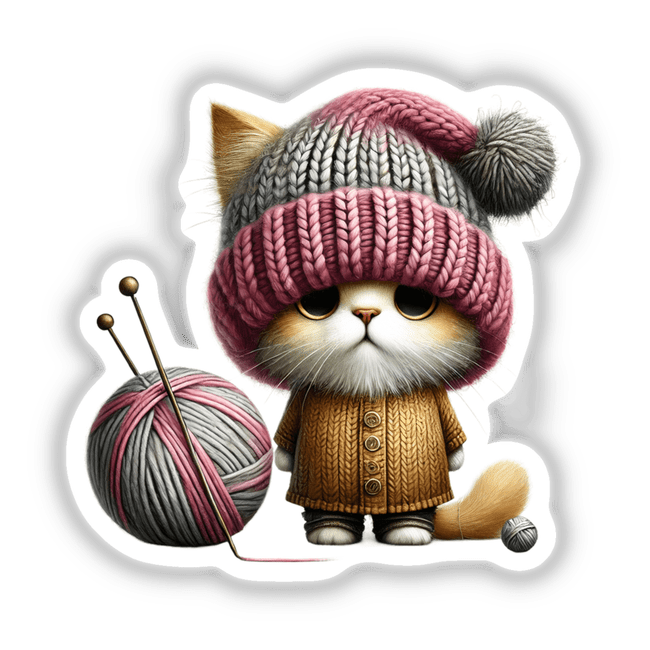 Cat Gnome with Ball of Yarn: A cartoon cat wearing a knitted hat and sweater, sitting beside a ball of yarn with needles. Available as stickers or digital artwork.