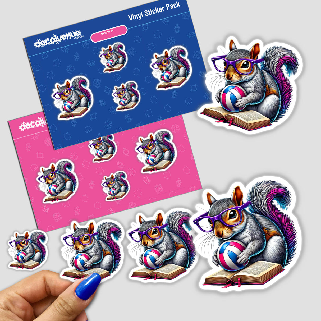 Squirrel Reading a Book with Purple Glasses and Volleyball sticker, featuring a cartoon squirrel in glasses holding a book and volleyball. Available as unique vinyl sticker or digital art.