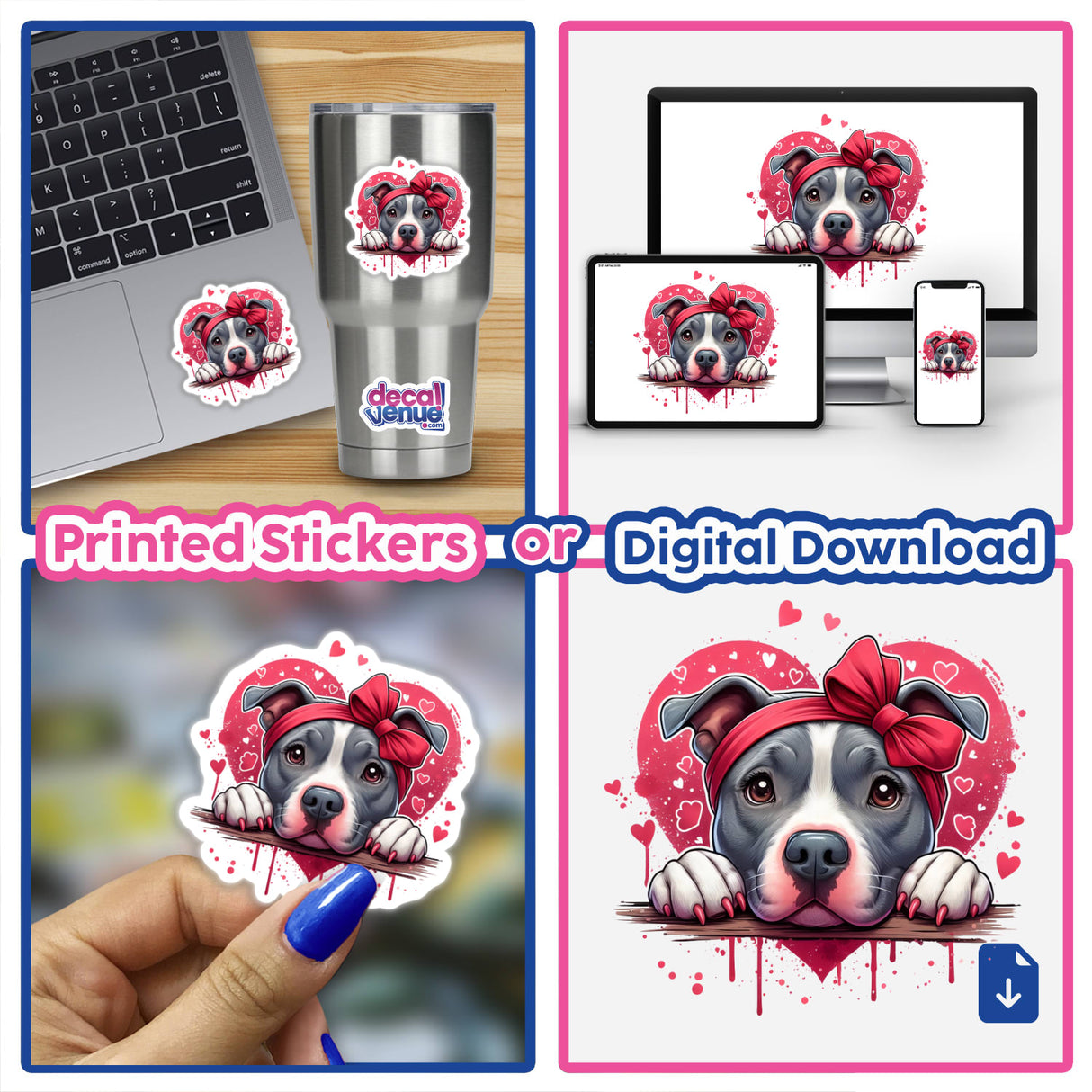 Collage featuring Splatter Hearts Peeking Pitbull Dog as stickers and digital artwork, showcasing a dog with a bow, laptop application, and hand-drawn elements, representing Decal Venue's unique vinyl sticker collection.