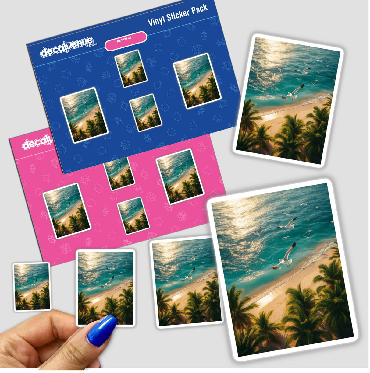 Sticker pack titled Sunset Serenity Seagulls Over Tropical Shores featuring images of birds flying over beaches and water, held in a hand. Available as stickers or digital artwork.
