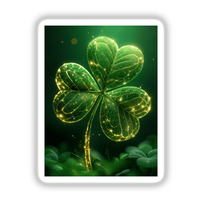 Glowing Shamrock – Sparkling Clover with Golden Light, featuring a vivid green four-leaf clover embellished with golden glitter, perfect as stickers or digital artwork from Decal Venue.