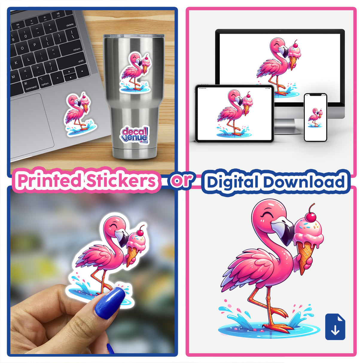 Summertime Flamingo with Ice Cream Cone sticker collage featuring the cartoon flamingo design on various items, including a stainless steel cup and laptop, highlighting Decal Venue's unique vinyl stickers and digital art.