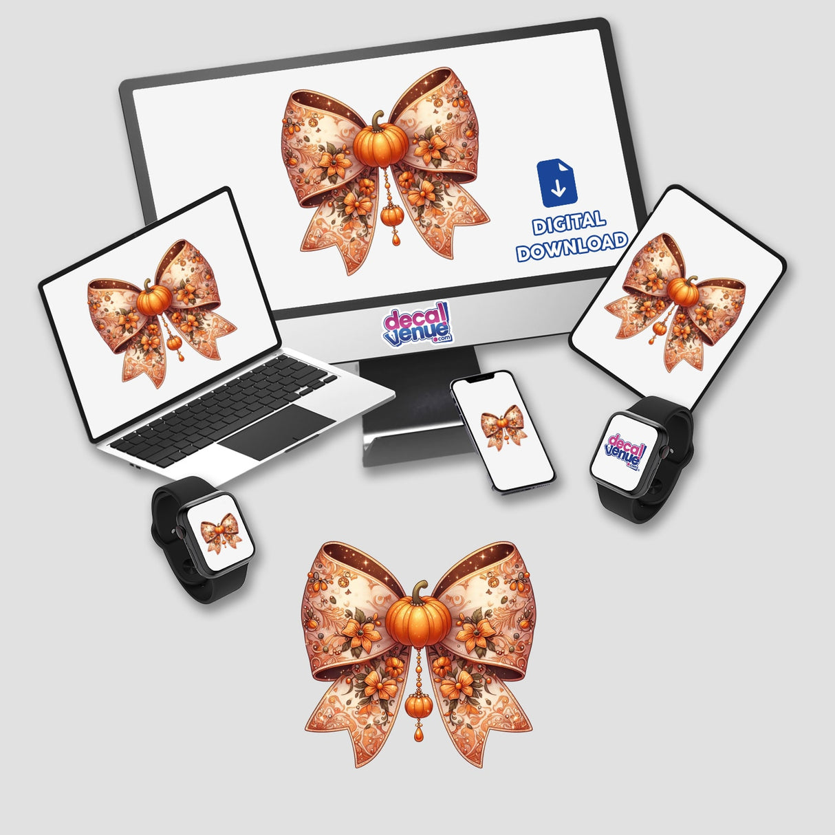 Orange Pumpkin Intricate Coquette Bow displayed on a laptop screen and phone, available as stickers or digital artwork from Decal Venue.