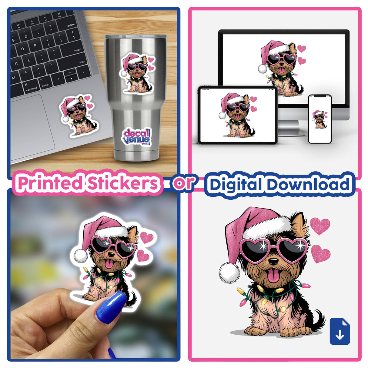Christmas Santa Pink Yorkie Dog in Lights II sticker features a playful Yorkie wearing sunglasses and a Santa hat. Available as a sticker or digital artwork, ideal for festive decor.