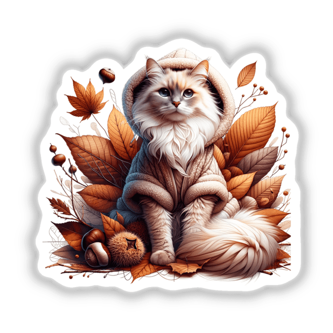 Cozy Autumn Cat in Sweater - Adorable fluffy feline surrounded by vibrant fall foliage and cozy knit apparel, digital artwork