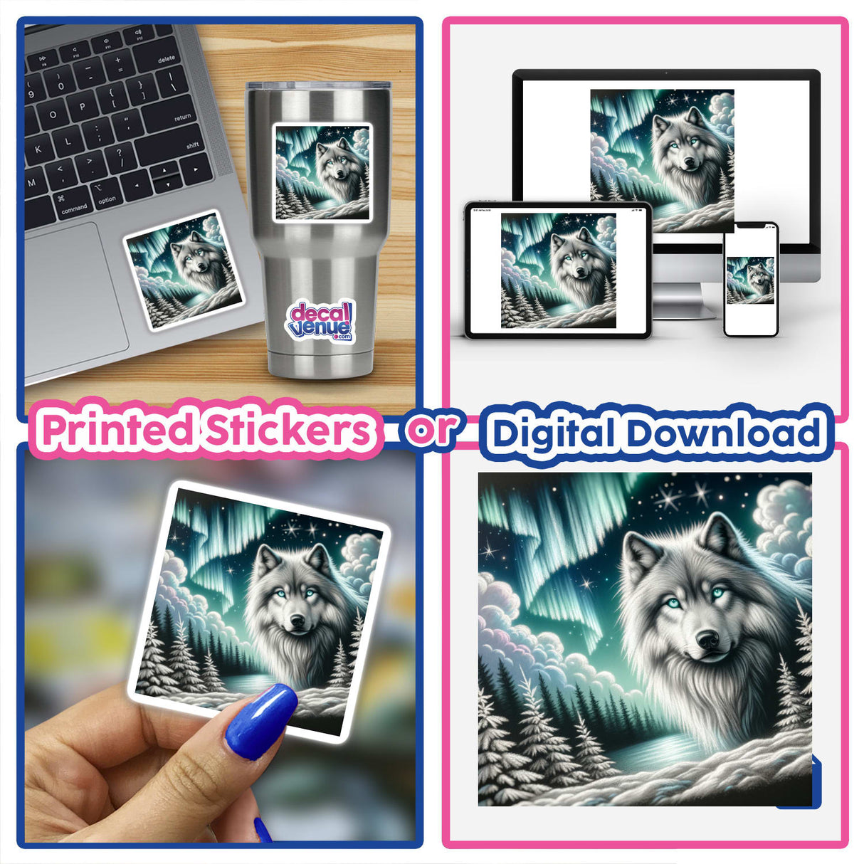Collage featuring the digital artwork Wolf on a Snowy Ridge Under Aurora Lights, showcasing a white wolf with blue eyes on a laptop screen, available as stickers or digital artwork.