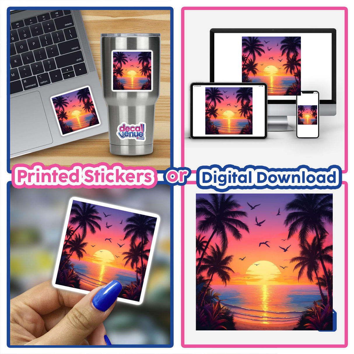 Vibrant Sunset Seagulls Over Tropical Beach collage featuring palm trees and seagulls, available as unique vinyl stickers or digital artwork from Decal Venue.