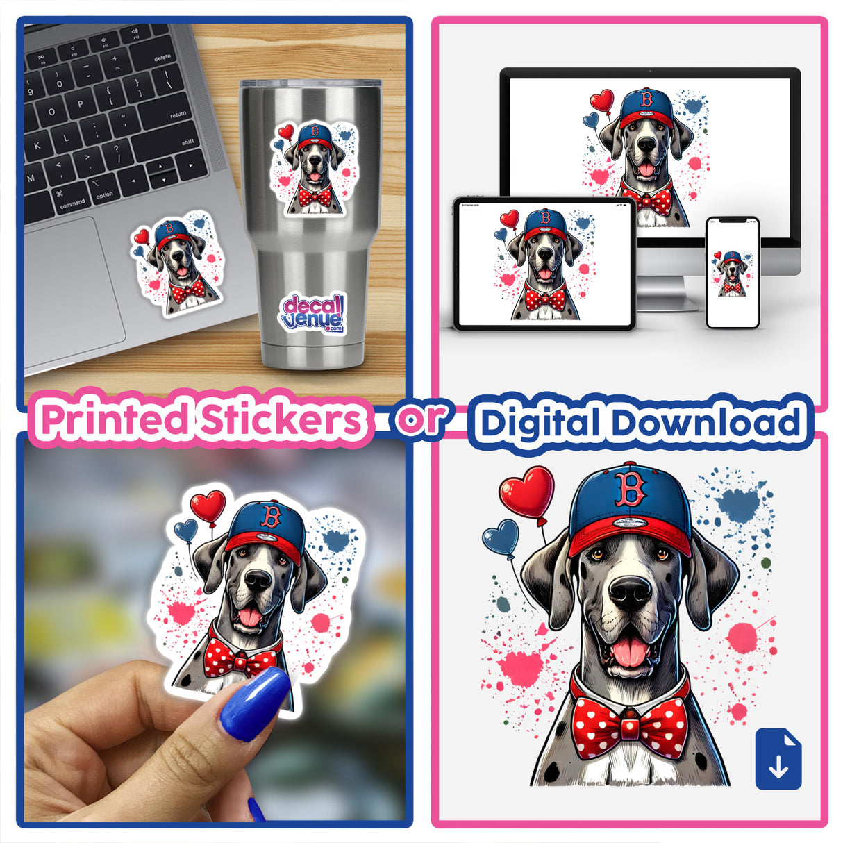 Great Dane in Baseball Hat sticker on a laptop, featuring a dog with a hat and bow tie. Available as a unique vinyl sticker or digital artwork from Decal Venue.