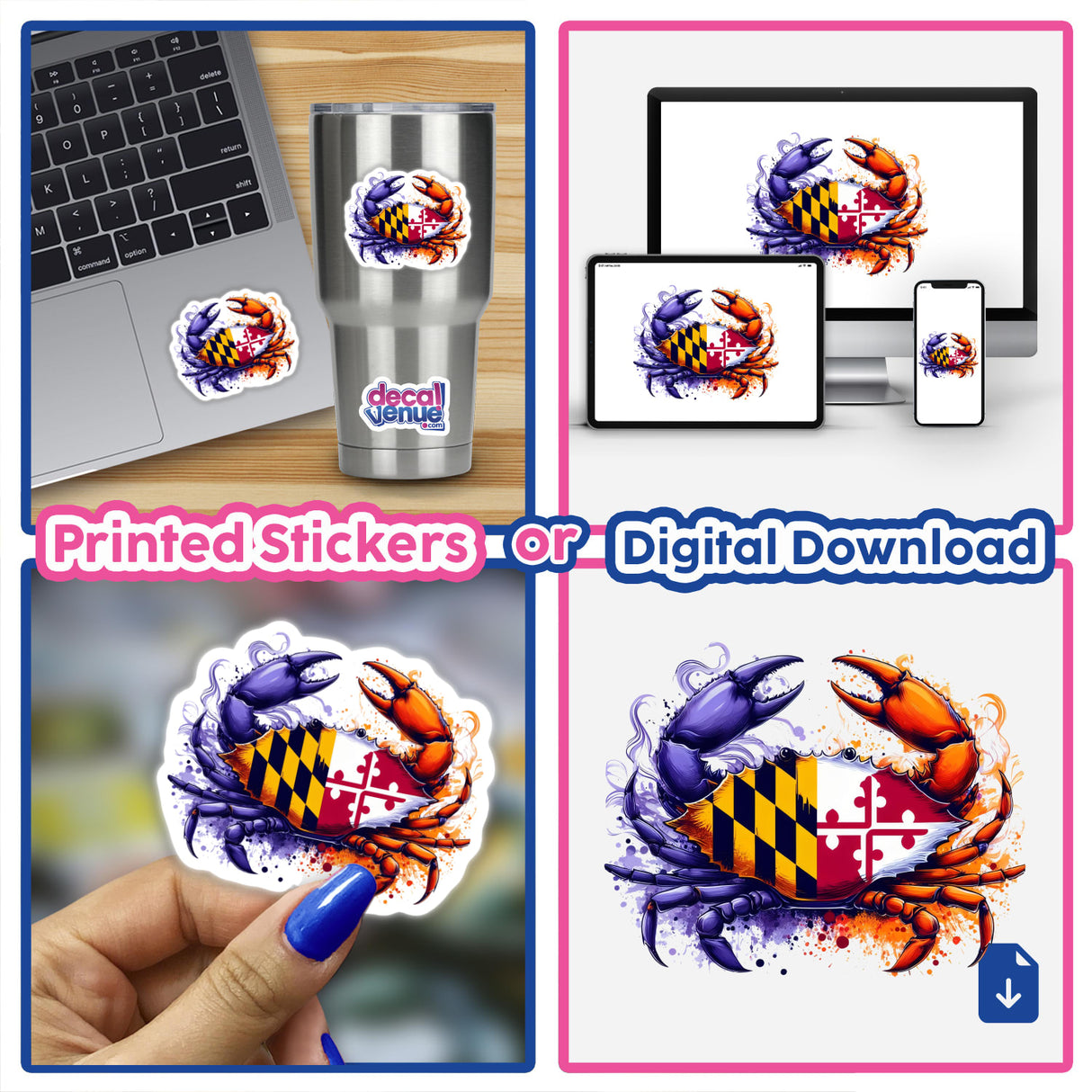Collage showcasing the Purple and Orange Maryland Flag Crab sticker on a laptop and digital artwork, embodying Decal Venue's unique vinyl sticker and digital art offerings.