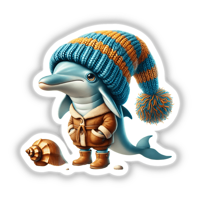 Dolphin Gnome with Seashell: A whimsical cartoon dolphin wearing a hat and boots, holding a seashell, available as stickers or digital artwork.