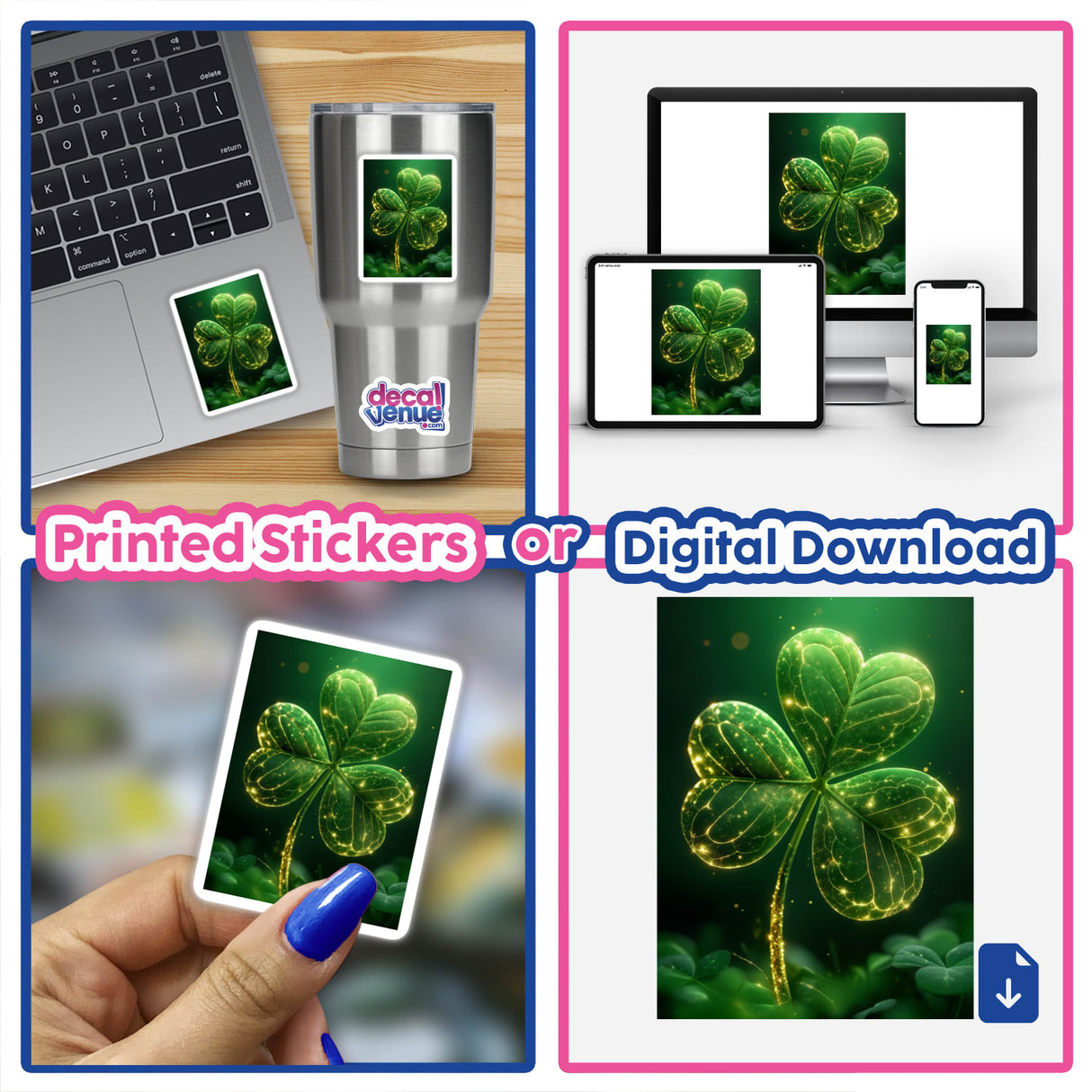 Glowing Shamrock – Sparkling Clover with Golden Light depicted as a vibrant collage, featuring stickers or digital artwork of clovers on various items like mugs, laptops, and phones.