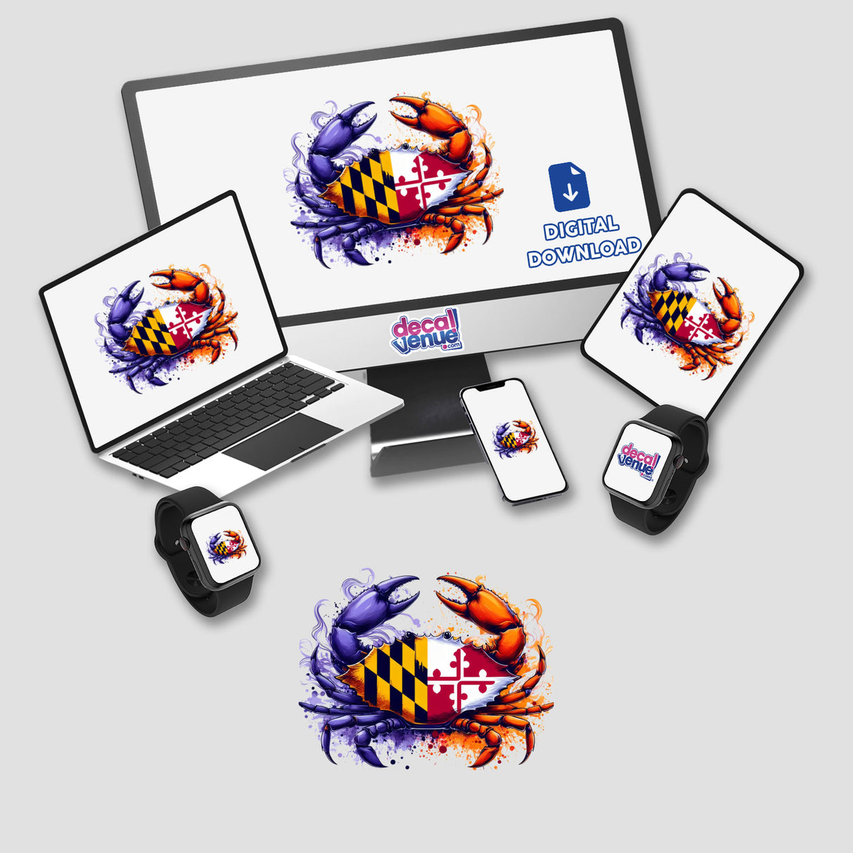 Purple and Orange Maryland Flag Crab displayed on various screens, including a laptop and smartphone. Available as stickers or digital artwork, highlighting Decal Venue's unique vinyl and digital art offerings.