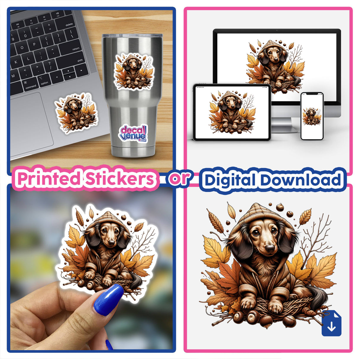 Autumn Dachshund in Cozy Hood Sweatshirt - Detailed digital artwork featuring a dachshund dog wearing a cozy hood surrounded by autumn leaves and decorative elements, available as printed stickers or digital download from the Decal Venue store.