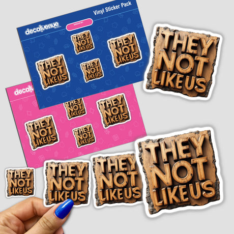 Wood They Not Like Us stickers feature text designs, perfect for adding character to surfaces. Available as both physical stickers and digital artwork, these unique decals enhance personal or creative spaces.