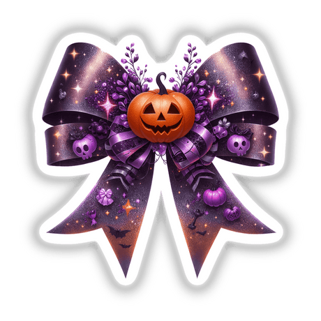 Purple Coquette Bow w/ Pumpkin features a bow adorned with a carved pumpkin, available as stickers or digital artwork.
