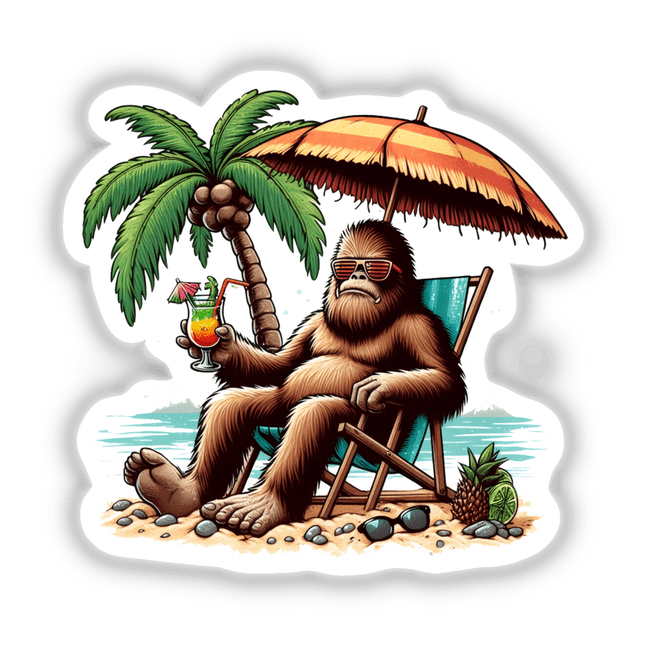 Sasquatch Chillin at Beach cartoon shows a relaxed Bigfoot under a palm tree, holding a tropical cocktail. Ideal for stickers or digital art, perfect for adding humor to summer-themed designs.