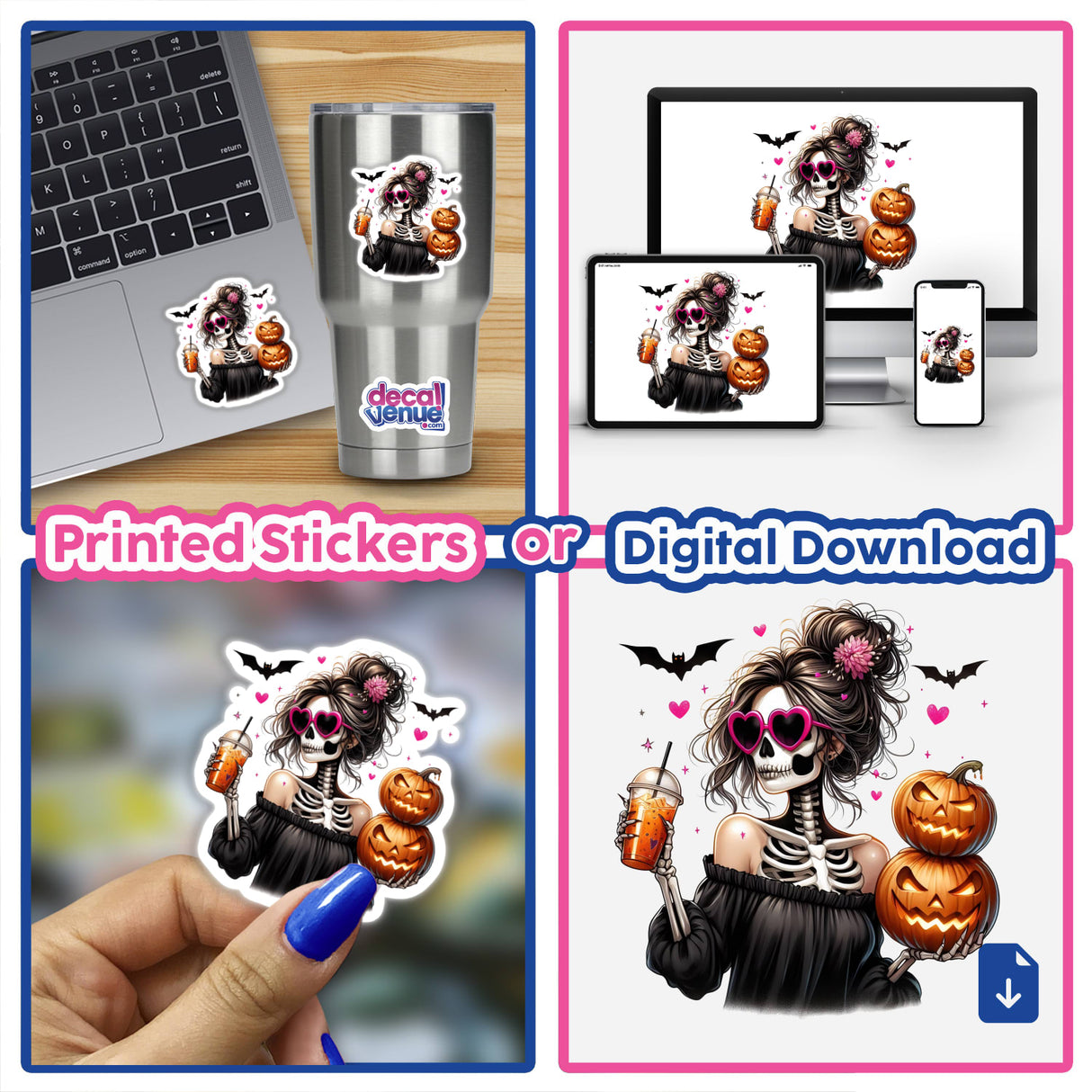Spooky Halloween Skeleton Mama with Pumpkins II - Unique digital artwork and printable stickers available from Decal Venue, featuring a creepy yet charming skeletal figure holding jack-o'-lanterns.