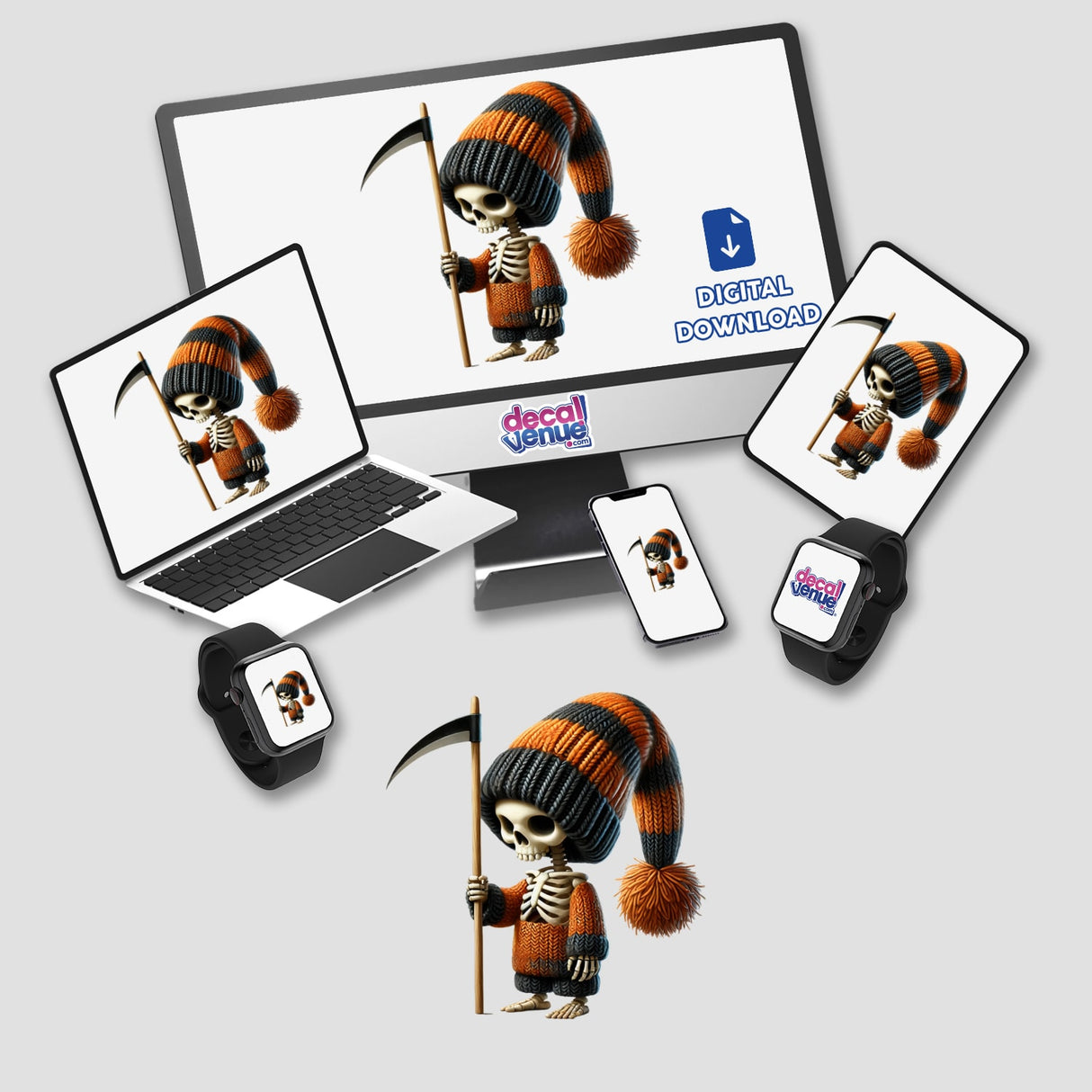 Colorful skeleton gnome with scythe digital artwork available for download at Decal Venue's online store.