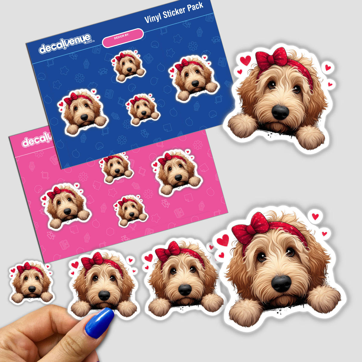 Peeking Goldendoodle Hearts sticker, featuring a cartoon-style dog head with a red bow. Perfect for vinyl sticker enthusiasts and digital art collectors from Decal Venue.