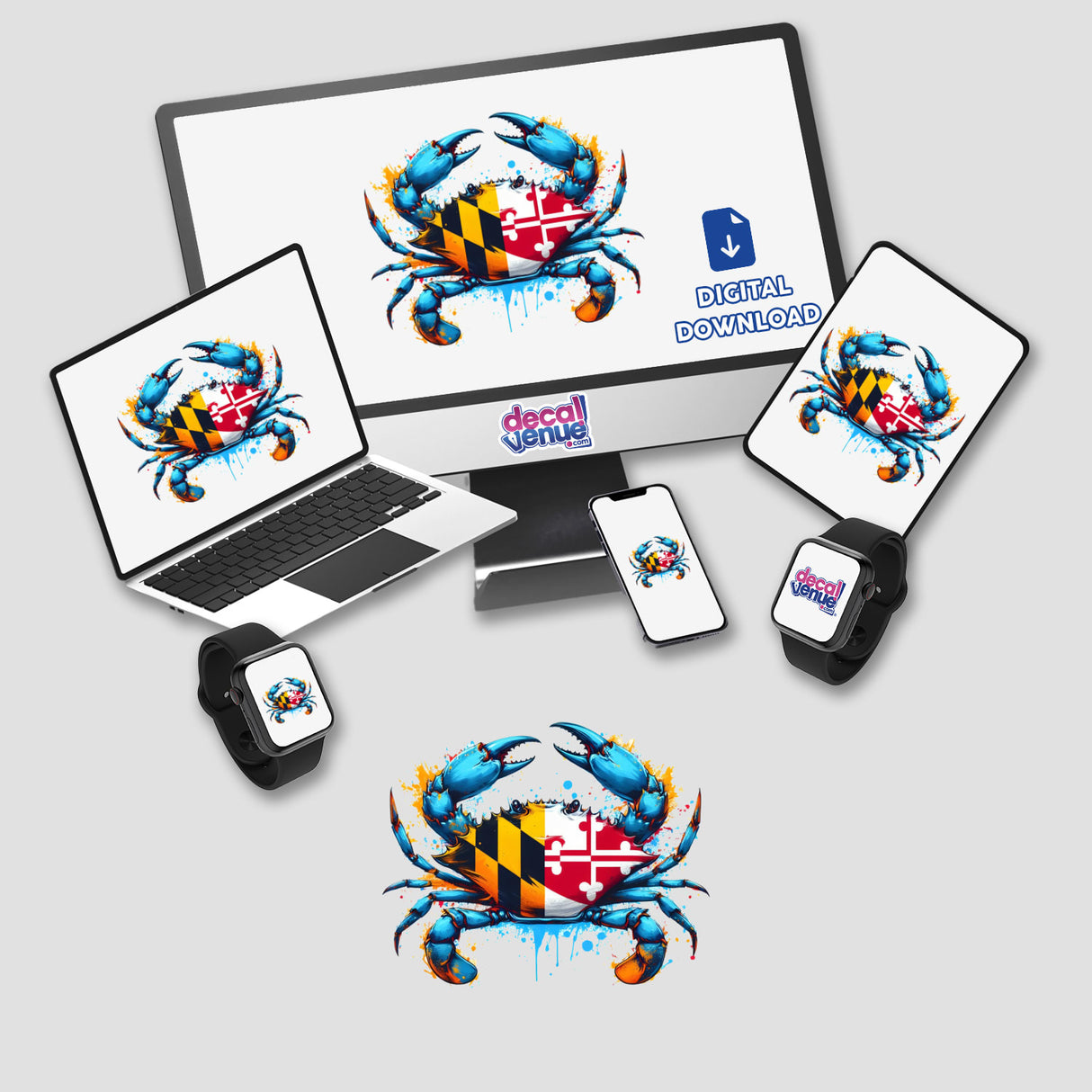 Maryland Flag Splatter Crab displayed on various digital screens, showcasing its design for stickers or digital artwork.