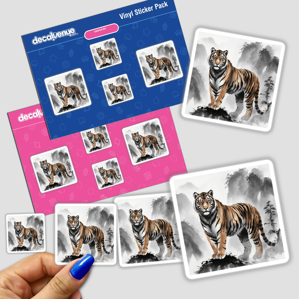 Tiger in Misty Mountains Sumi-e Ink Wash Artwork, available as stickers or digital art, showcasing a serene tiger amid misty mountains, embodying traditional ink wash techniques. Ideal for unique vinyl decals or digital decor.