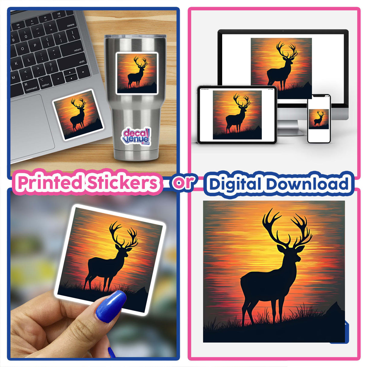 Deer Silhouette with Bold Horizontal Stripes: A collage of various items featuring a deer silhouette, including laptop screens and mugs, highlighting the design available as stickers or digital artwork.
