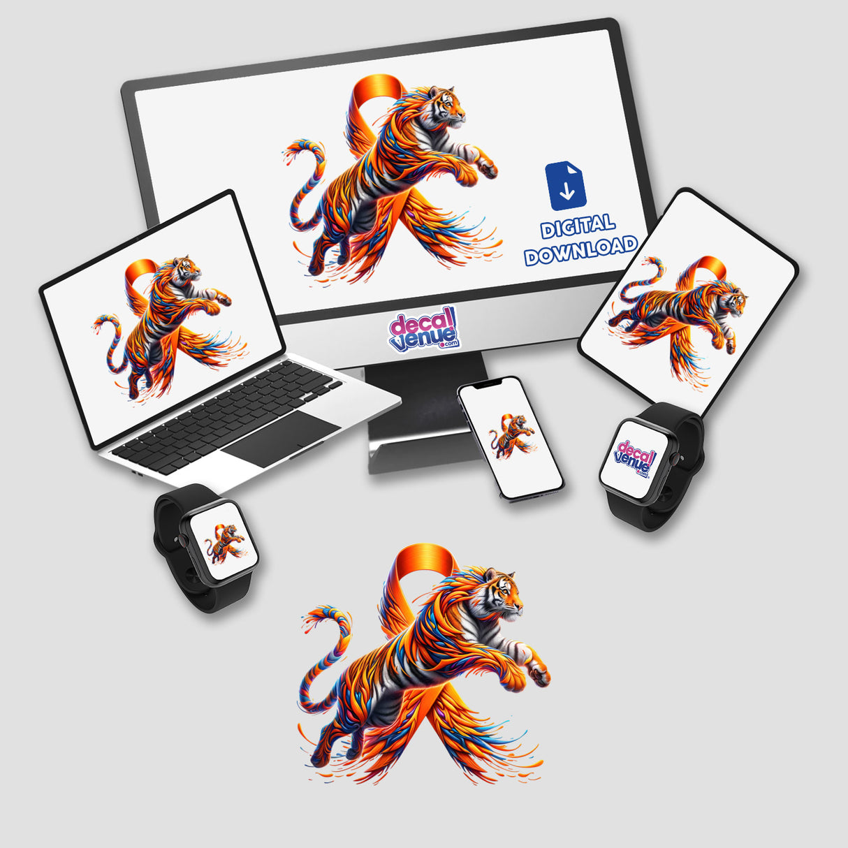 Tiger Orange Ribbon Leukemia Awareness artwork displayed on a computer monitor and laptop. Available as stickers or digital artwork from Decal Venue, known for unique vinyl stickers and digital art.