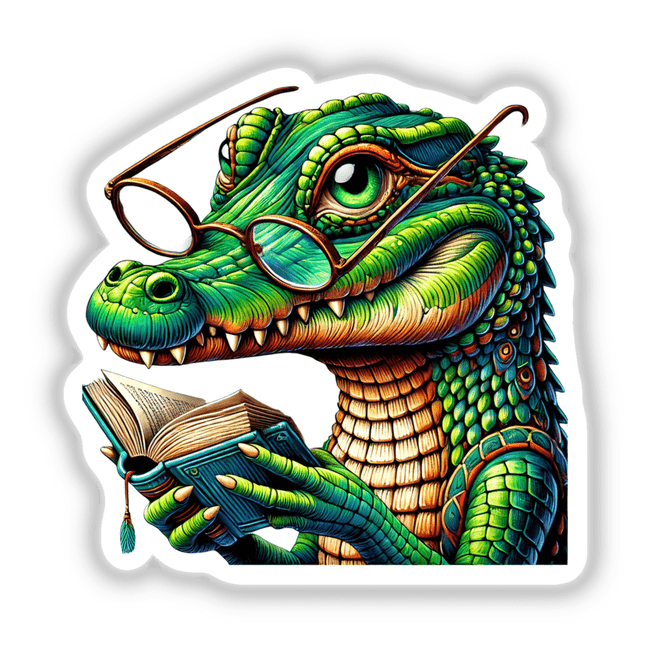 Cartoon of a crocodile wearing reading glasses and holding an open book, available as stickers or digital artwork titled Crocodile With Reading Glasses Open Book from Decal Venue.