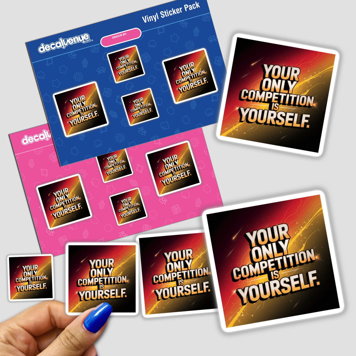 Hand holding a sticker pack titled Your only competition is yourself, featuring intricate designs, available as both stickers and digital artwork from Decal Venue.