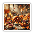Harvest Feast - A Bountiful Table with Traditional Dishes featuring pies, mashed potatoes, bowls of fruit, and candles, perfect as unique stickers or digital artwork from Decal Venue.