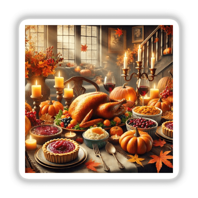Harvest Feast - A Bountiful Table with Traditional Dishes featuring pies, mashed potatoes, bowls of fruit, and candles, perfect as unique stickers or digital artwork from Decal Venue.