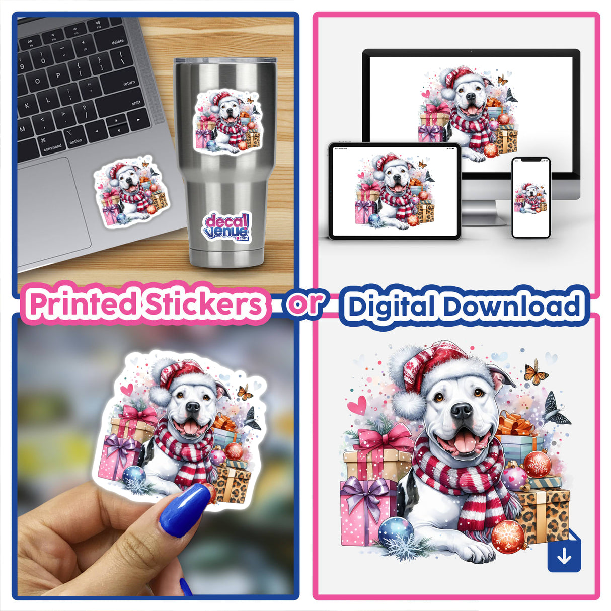 Christmas Scene White Pitbull Dog Santa stickers featuring a white pitbull in a hat and scarf, perfect for laptops, cups, and other surfaces.