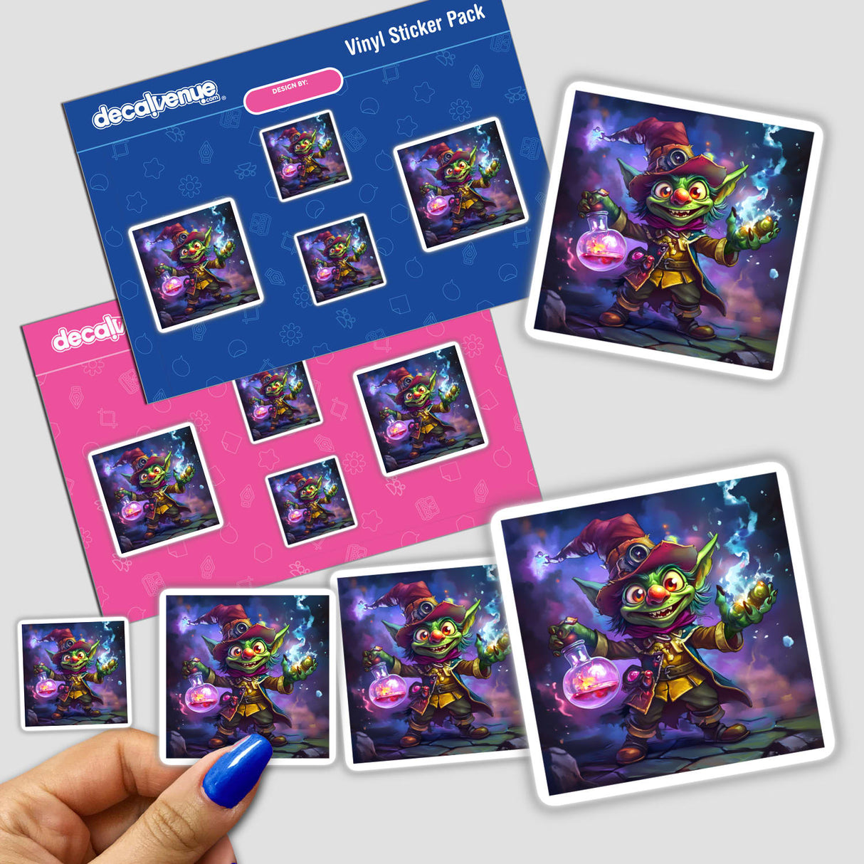 Hand holding a sticker pack featuring the Whimsical Goblin Alchemist with Explosive Potions, showcasing cartoon characters holding flasks.