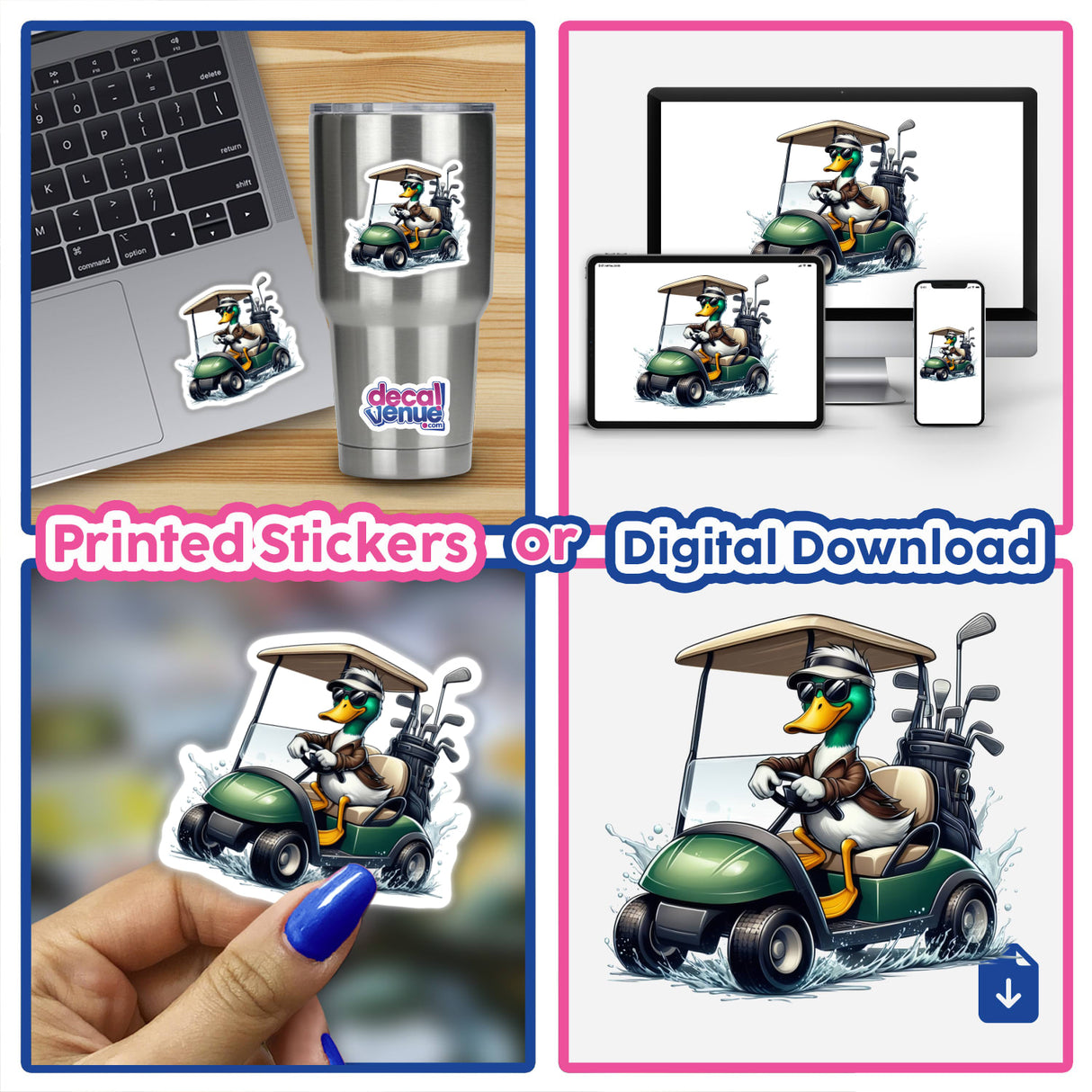 Mallard Duck Driving Golf Cart sticker, featuring a cartoon duck steering a golf cart. Available as stickers or digital artwork from Decal Venue, known for unique vinyl stickers and digital art.
