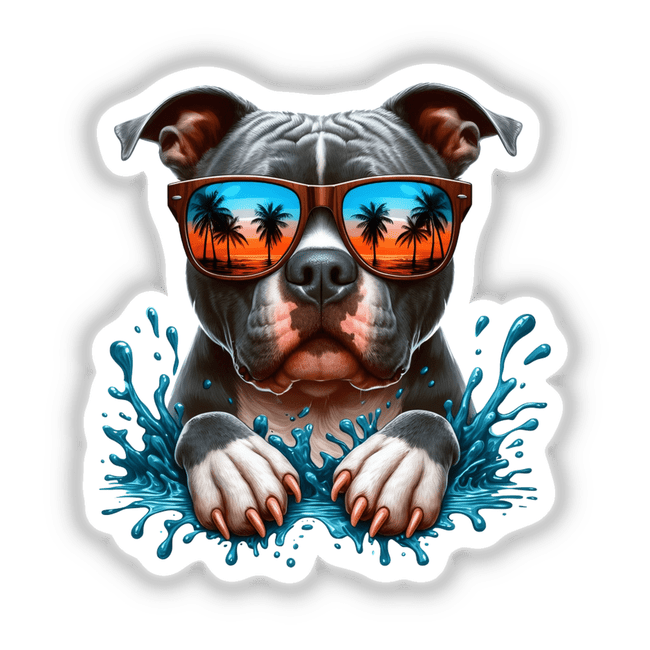 Peeking Pitbull Summer Splash: A dog wearing sunglasses reflecting palm trees, capturing a playful vibe. Available as stickers or digital artwork from Decal Venue, known for unique vinyl designs.