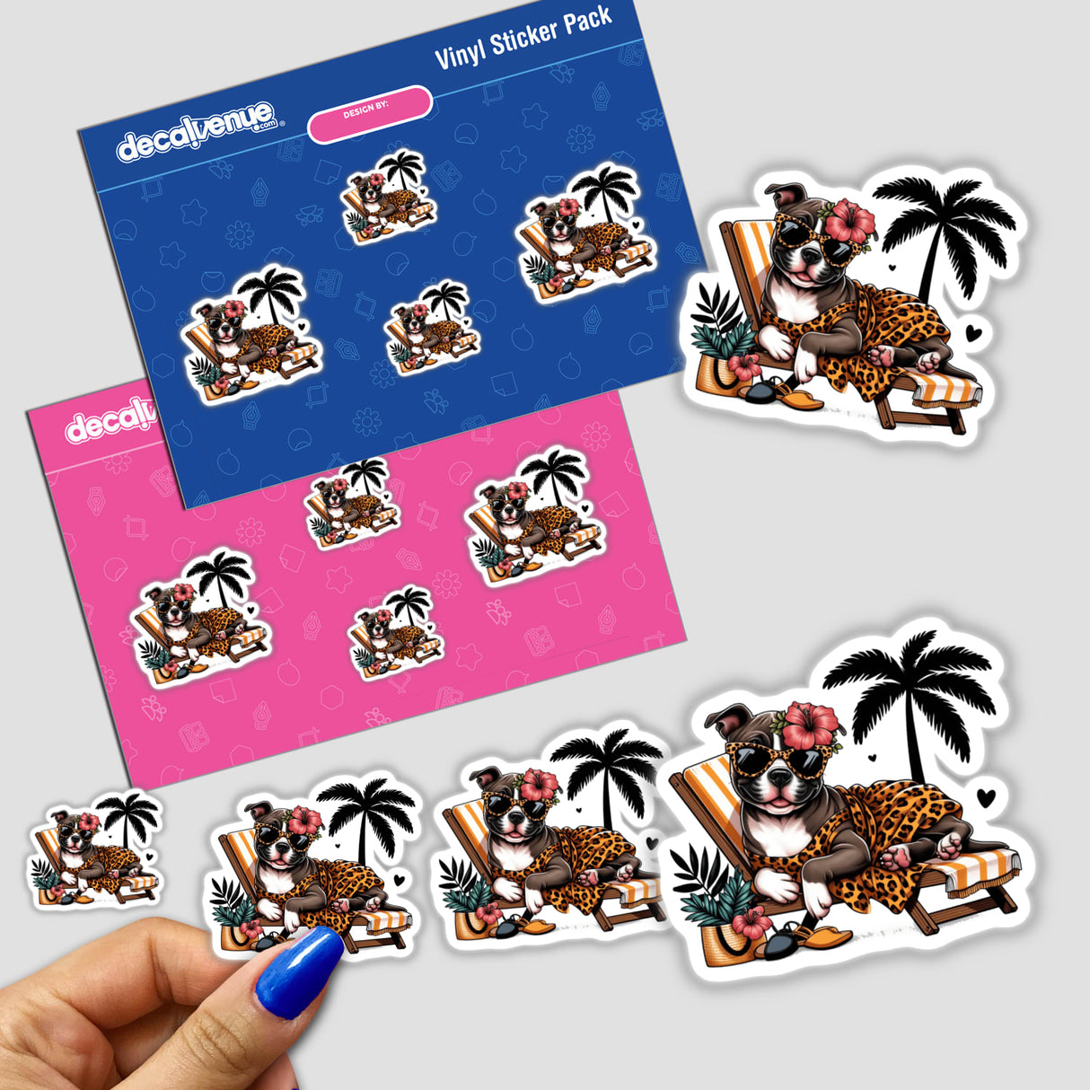 Sticker featuring Lounging at Beach Pitbull with Leopard Sarong, depicting a cartoon pitbull in sunglasses and a leopard print dress, embodying Decal Venue's unique vinyl sticker collection.