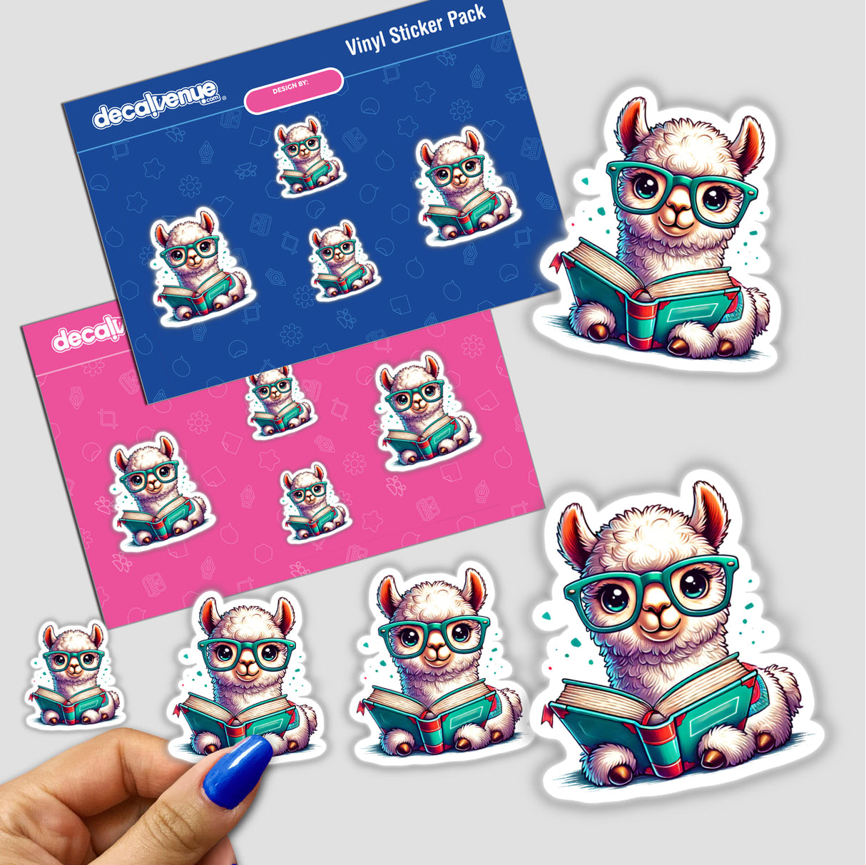 Stickers featuring a cartoon llama with reading glasses, engrossed in an open book. Available as stickers or digital artwork from Decal Venue.