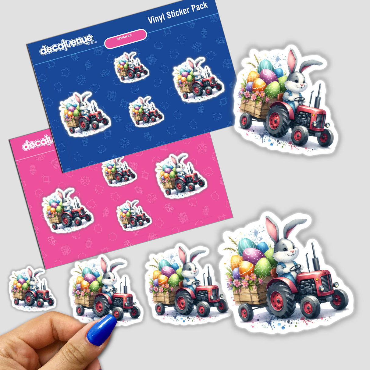 Easter Egg Bunny Tractor III sticker features a cartoon rabbit driving a tractor with a cart of eggs, capturing a playful and whimsical theme suitable for vinyl or digital art formats.